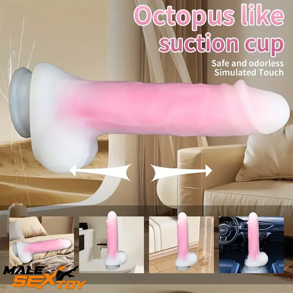 9.25in Big Silicone Soft Vibrating Heating Remote Pink White Dildo